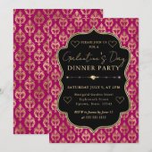 Pink & Gold Heart Damask Galentine's Dinner Party 招待状 (正面/裏面)
