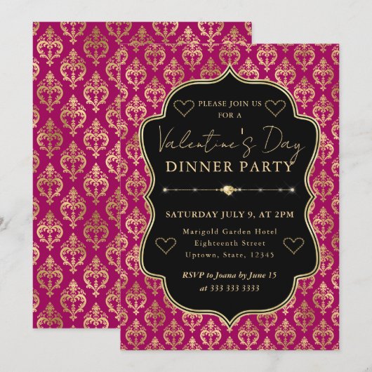 Pink & Gold Heart Damask Valentine's Dinner Party 招待状 (正面/裏面)