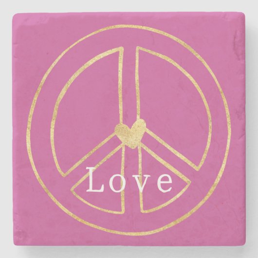 Pink Gold Heart Peace Sign Love Valentine's Day ストーンコースター (正面)