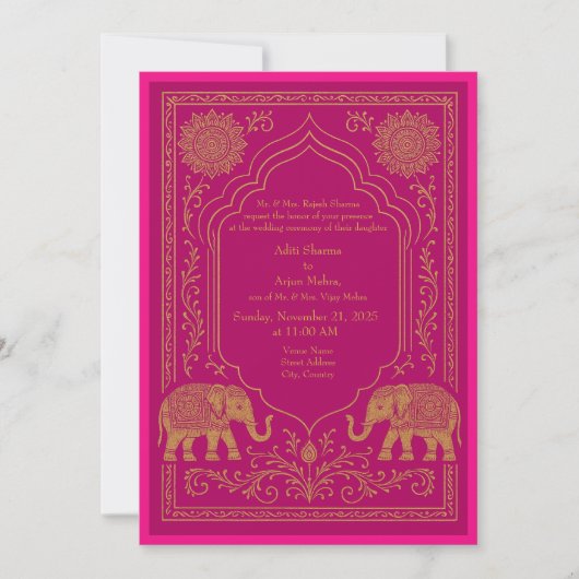 pink gold hindu mandala elephant arch wedding 招待状 (正面)