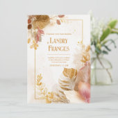 Pink Gold Line Monstera Leaf Botanical Wedding 招待状 (スタンド正面)