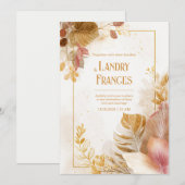 Pink Gold Line Monstera Leaf Botanical Wedding 招待状 (正面/裏面)