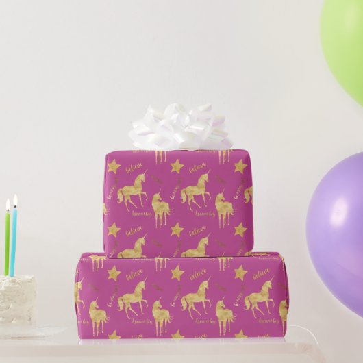 Pink Gold Magical Unicorn Birthday ラッピングペーパー (パーティーギフト)