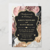 Pink Gold Marble Floral Elegant Wedding 招待状 (正面)