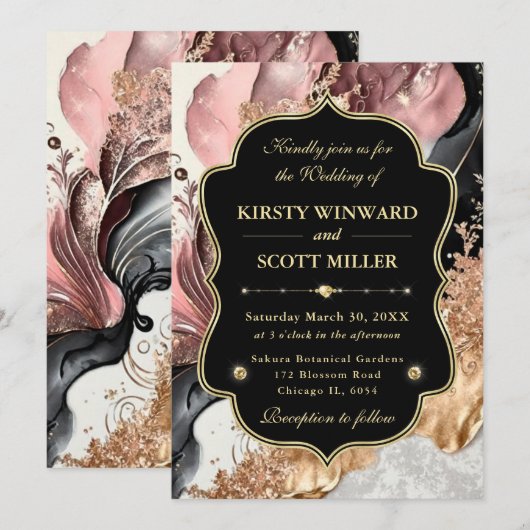 Pink Gold Marble Floral Elegant Wedding 招待状 (正面/裏面)