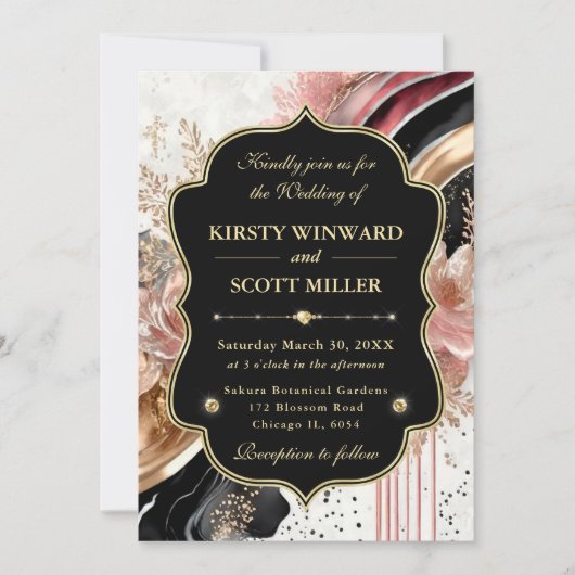 Pink Gold Marble Floral Elegant Wedding 招待状 (正面)