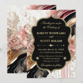 Pink Gold Marble Floral Elegant Wedding 招待状 (正面/裏面)