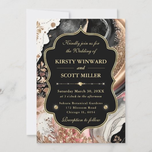 Pink Gold Marble Floral Elegant Wedding 招待状 (正面)