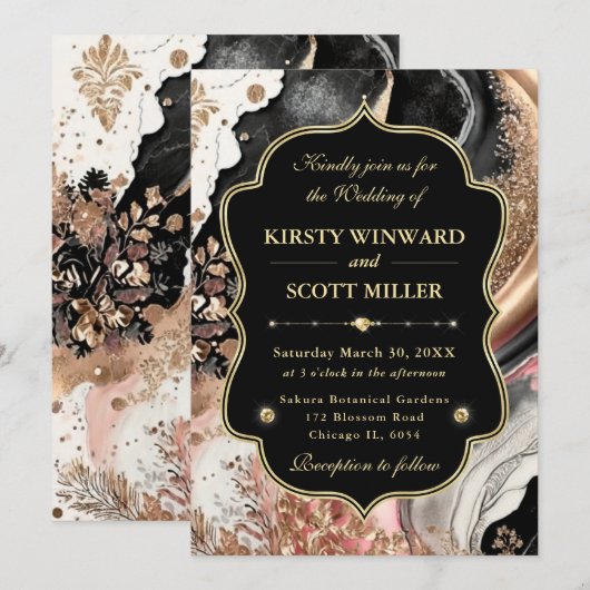 Pink Gold Marble Floral Elegant Wedding 招待状 (正面/裏面)