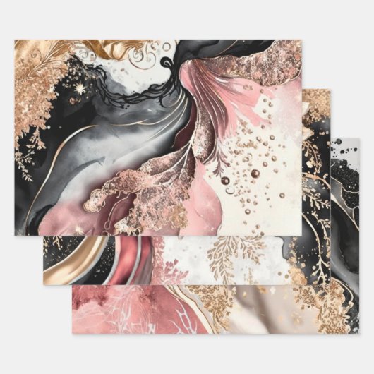 Pink Gold Marble Floral Glitter Abstract Design ラッピングペーパーシート (セット)