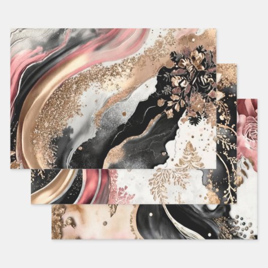 Pink Gold Marble Floral Glitter Abstract Design ラッピングペーパーシート (セット)