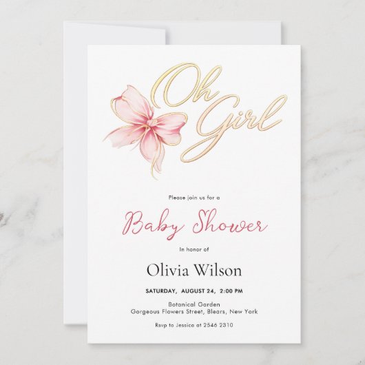 Pink & Gold “Oh Girl” Gold Typography Baby Shower 招待状 (正面)