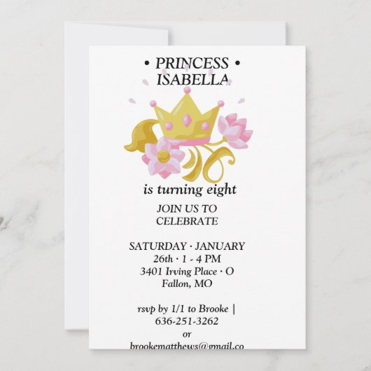 Pink & Gold princess birthday invitation 招待状 (正面)