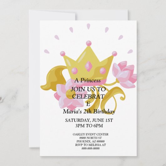 Pink & Gold princess birthday invitation. 招待状 (正面)
