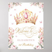Pink Gold Princess Crown 1st Birthday Welcome ポスター (正面)