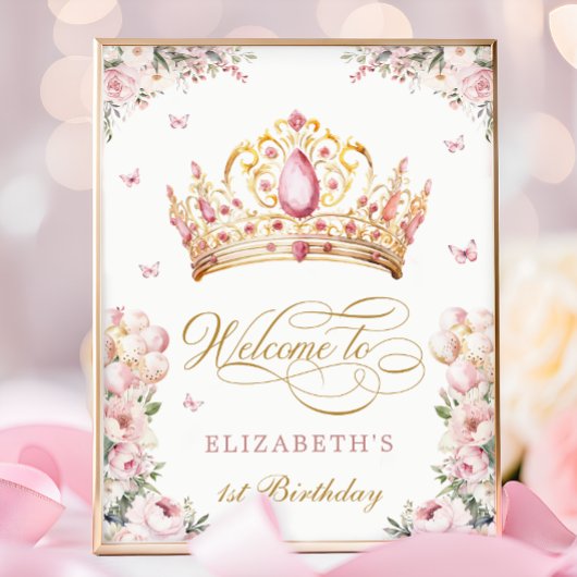 Pink Gold Princess Crown 1st Birthday Welcome ポスター