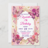 Pink gold purple elegant butterfly girl birthday 招待状 (正面)