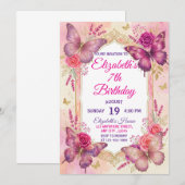 Pink gold purple elegant butterfly girl birthday 招待状 (正面/裏面)