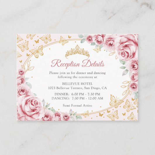 Pink Gold Quinceanera Reception Details エンクロージャーカード (正面)
