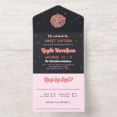 Pink Gold Retro Discoball Flares Sweet 16 Party オールインワン招待状 (内側)