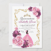 Pink Gold Rose Floral Quinceanera XV Años 招待状 (正面)