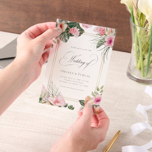 Pink Gold Tropical Beach Destination Wedding ベラム紙招待状 (ポータブル)