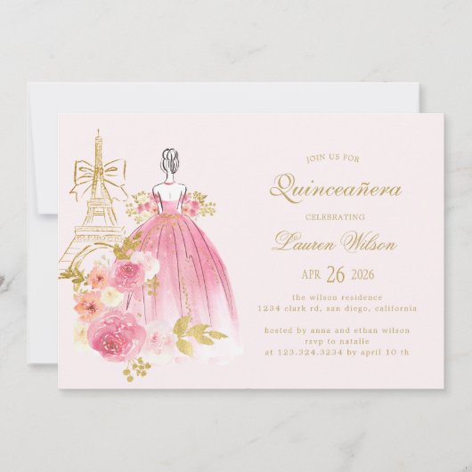 Pink Golden Floral Paris Chic Quinceanera 招待状 (正面)