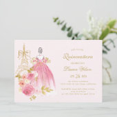 Pink Golden Floral Paris Chic Quinceanera 招待状 (スタンド正面)