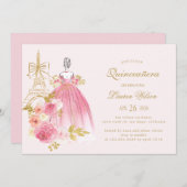 Pink Golden Floral Paris Chic Quinceanera 招待状 (正面/裏面)