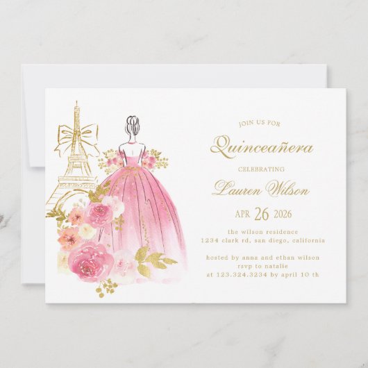 Pink Golden Floral Paris Chic Quinceanera 招待状 (正面)