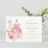 Pink Golden Floral Paris Chic Quinceanera 招待状 (スタンド正面)