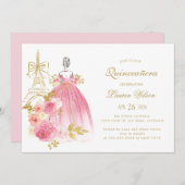 Pink Golden Floral Paris Chic Quinceanera 招待状 (正面/裏面)