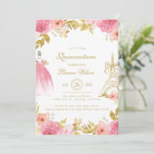Pink Golden Floral Paris Chic Quinceanera 招待状 (スタンド正面)