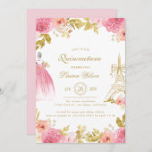 Pink Golden Floral Paris Chic Quinceanera 招待状 (正面/裏面)