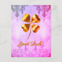 Pink Golden Four-leaf Clover Good Luck Postcard