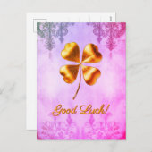 Pink Golden Four-leaf Clover Good Luck Postcard シーズンポストカード (正面/裏面)
