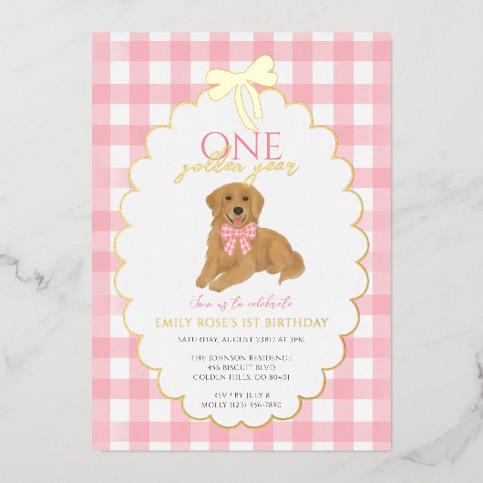 Pink Golden Retriever Puppy Pawty 1st Birthday 箔招待状 (正面)