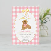 Pink Golden Retriever Puppy Pawty 1st Birthday 箔招待状 (立ち正面)