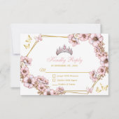 Pink Golden Tiara Butterfly Quinceañera 出欠カード (正面)