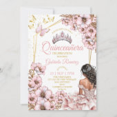 Pink Golden Tiara Floral Butterfly Quinceañera 招待状 (正面)