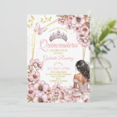 Pink Golden Tiara Floral Butterfly Quinceañera 招待状 (スタンド正面)