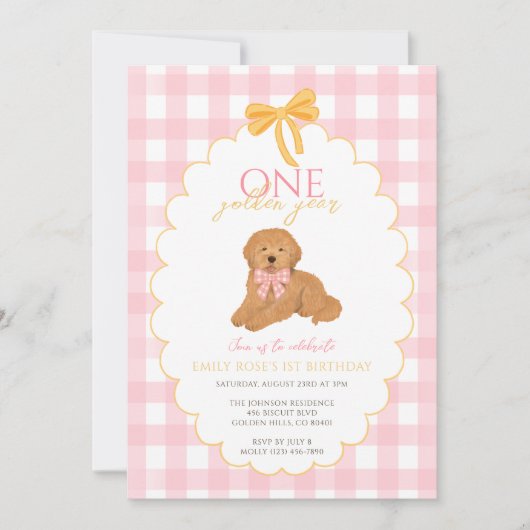 Pink Goldendoodle Dog First Birthday Party 招待状 (正面)