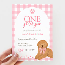 Pink Goldendoodle Dog One Golden Year birthday 招待状