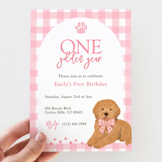 Pink Goldendoodle Dog One Golden Year birthday 招待状