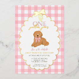 Pink Goldendoodle Puppy Dog Pawty 1st Birthday 箔招待状