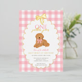 Pink Goldendoodle Puppy Dog Pawty 1st Birthday 箔招待状 (立ち正面)