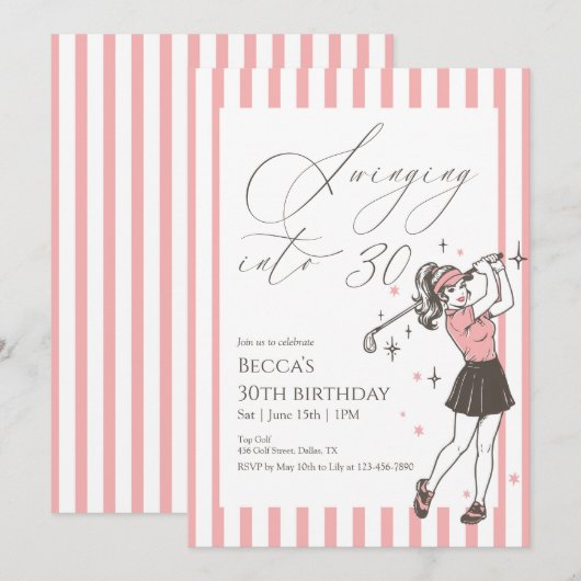Pink Golf 30th Birthday Party Swinging Into 30 招待状 (正面/裏面)