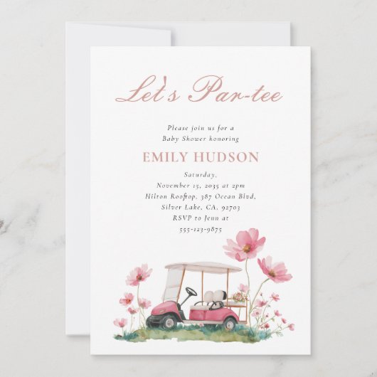 Pink Golf Floral Baby Shower 招待状 (正面)