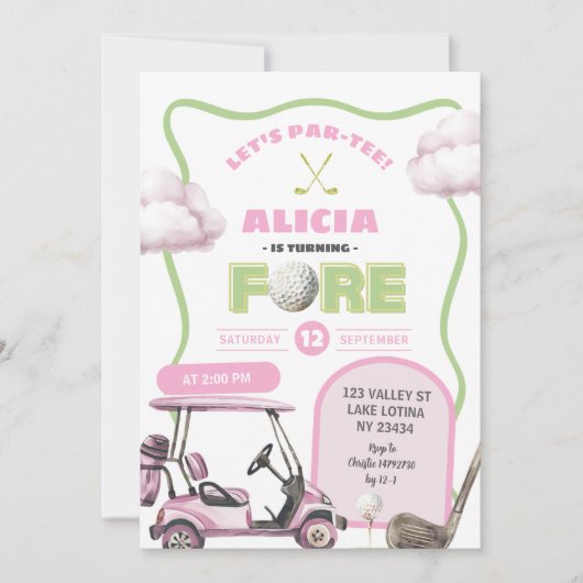 Pink Golf Kid's Fore Birthday 招待状 (正面)
