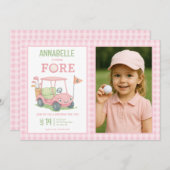 Pink Golfing 4th Birthday Photo 招待状 (正面/裏面)